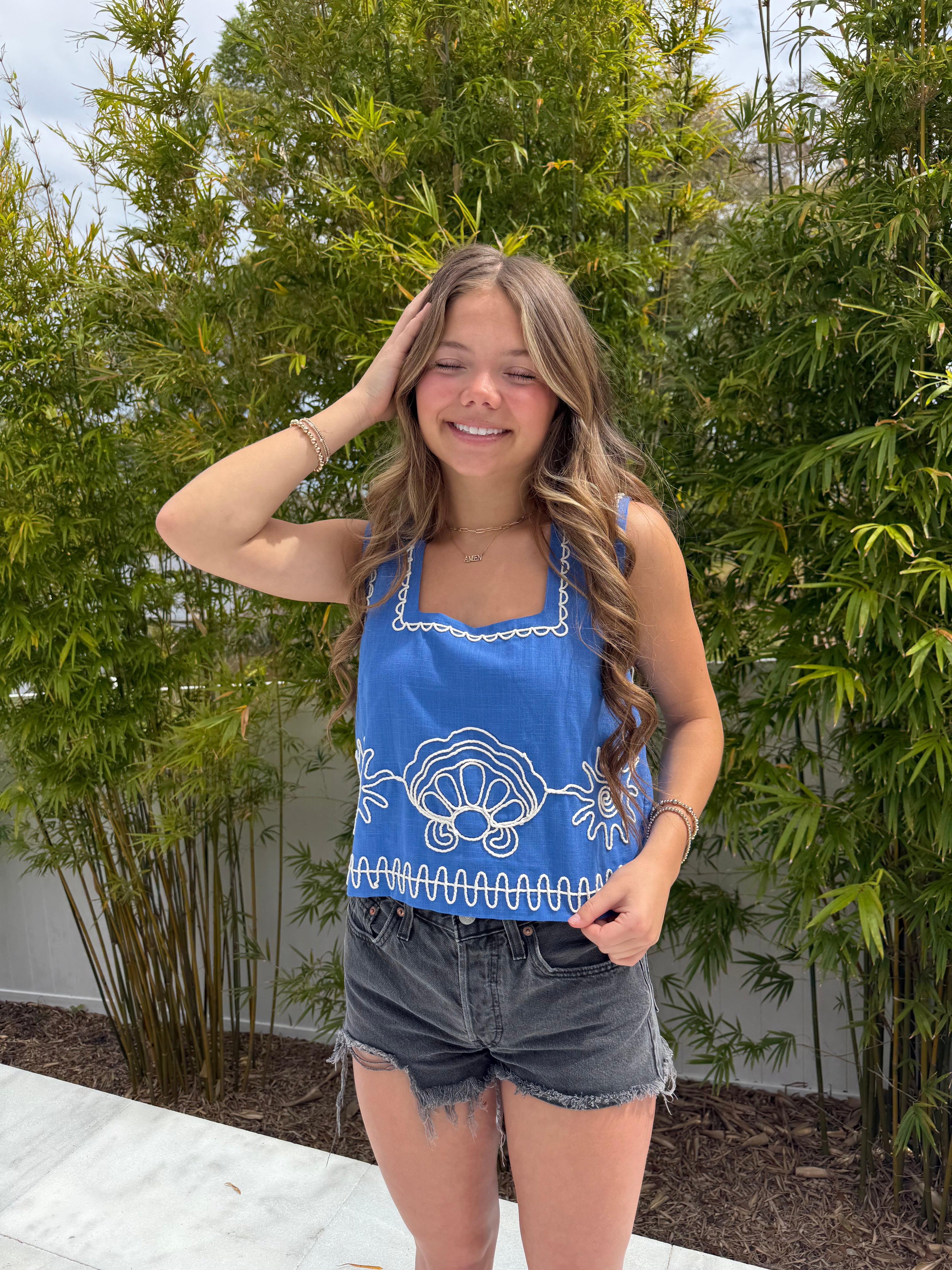 Embroidered Vacation Top - Blue