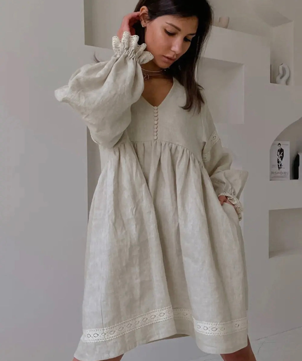Lantern Sleeve - V Neck Linen Dress
