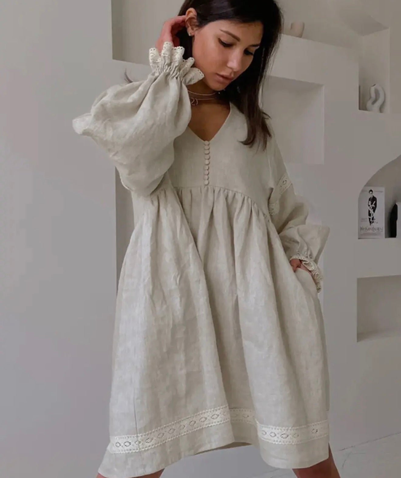 Lantern Sleeve - V Neck Linen Dress