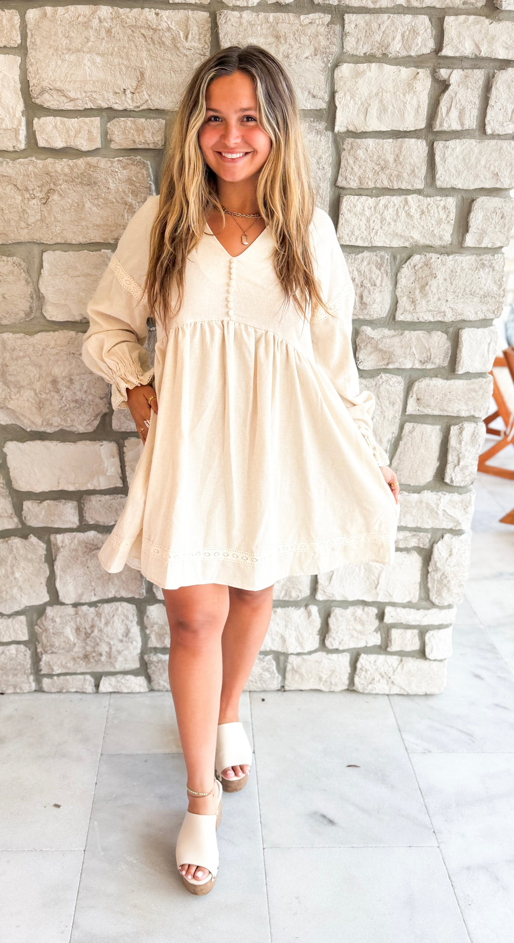Lantern Sleeve - V Neck Linen Dress
