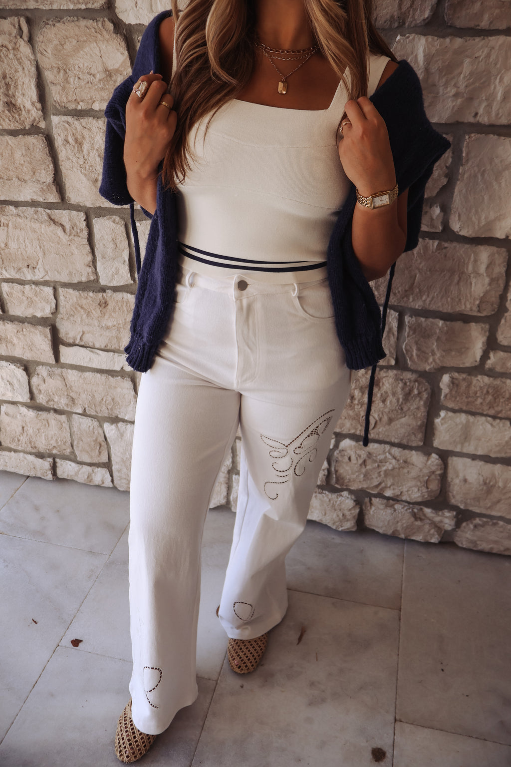 Embroidered Wide Leg Pants - White