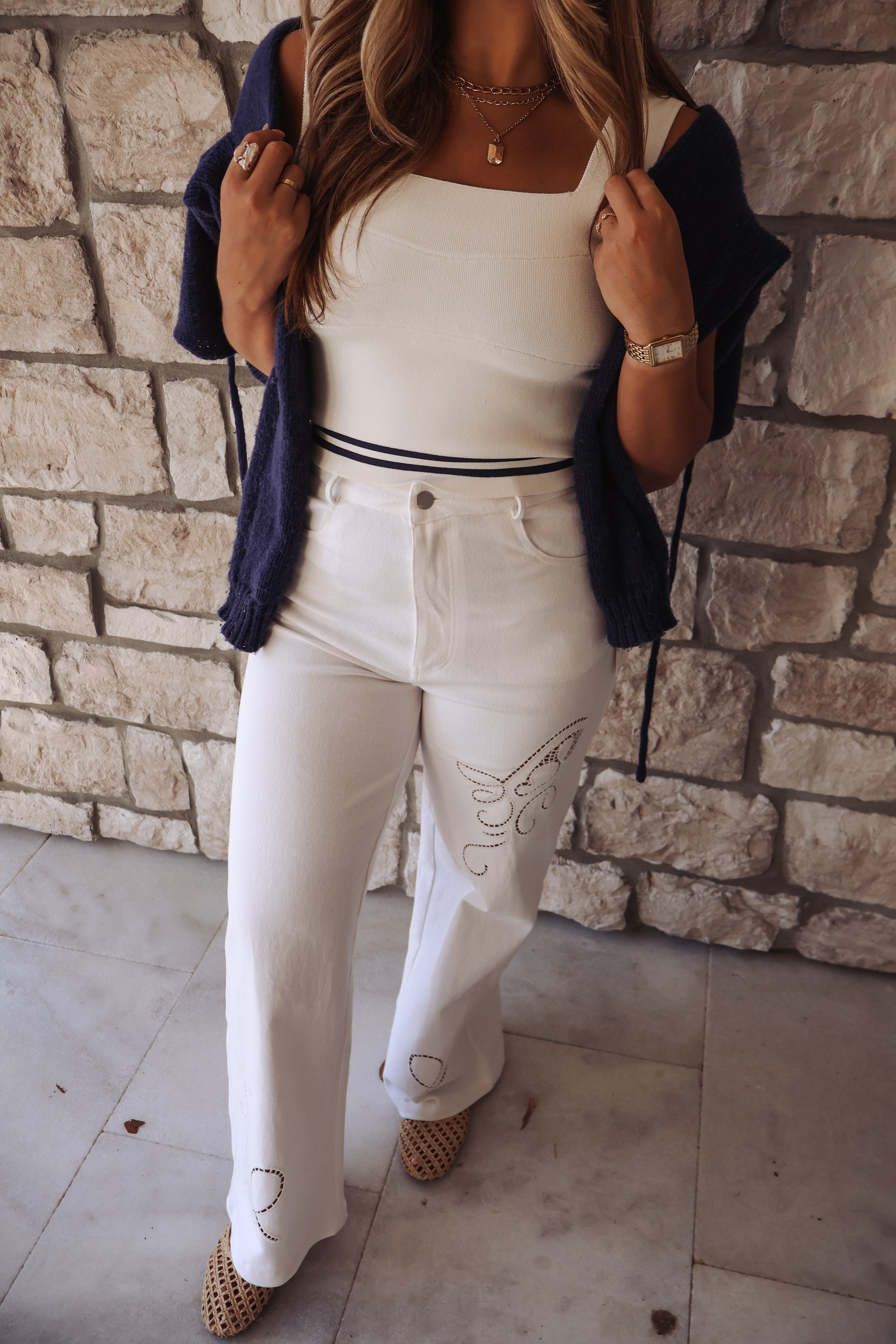 Embroidered Wide Leg Pants - White