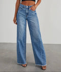 Wide leg distressed denim