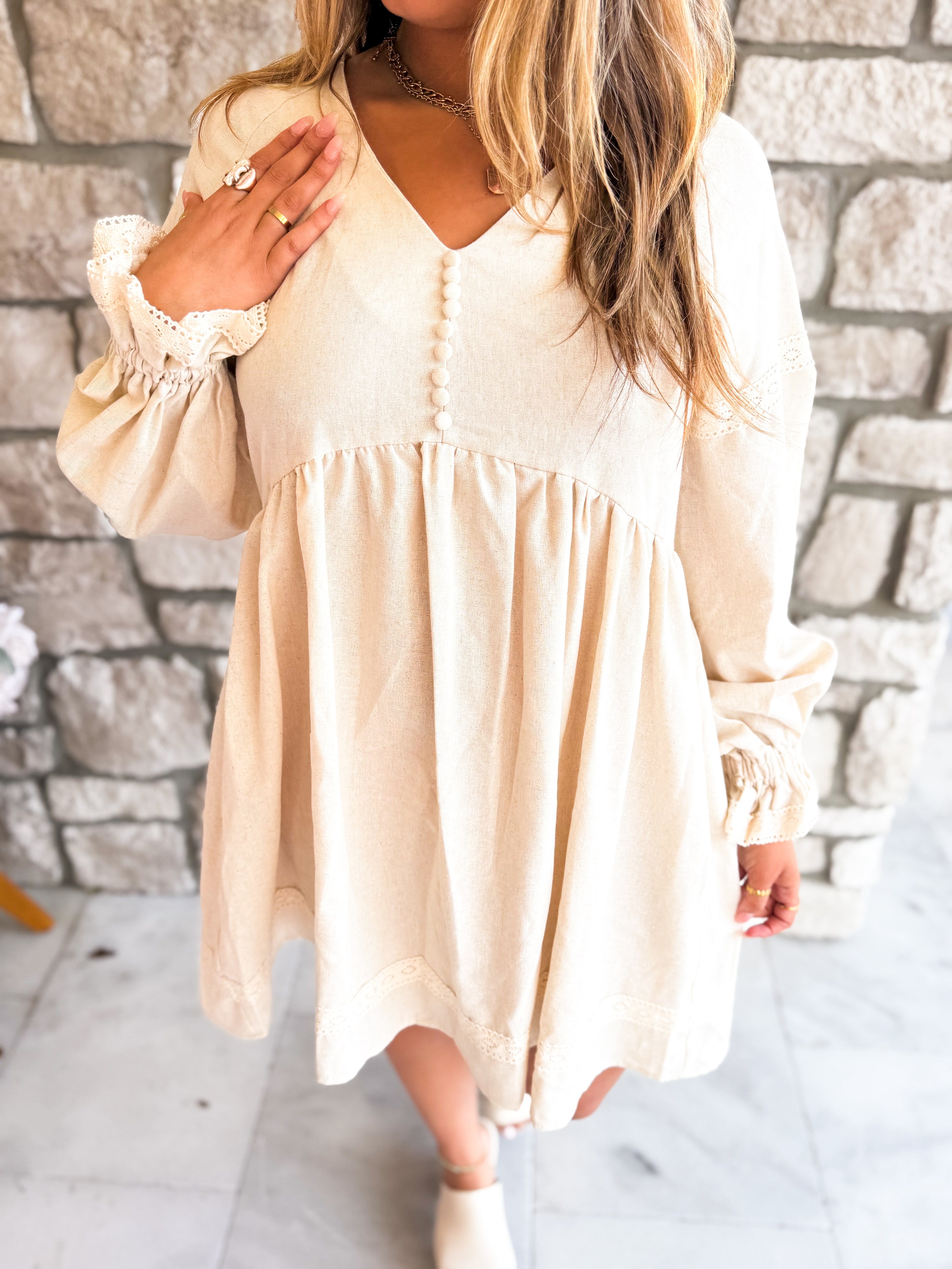 Lantern Sleeve - V Neck Linen Dress