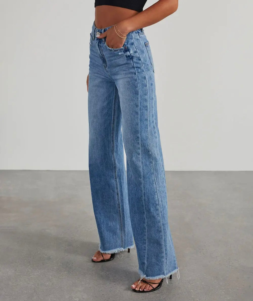 Wide leg distressed denim