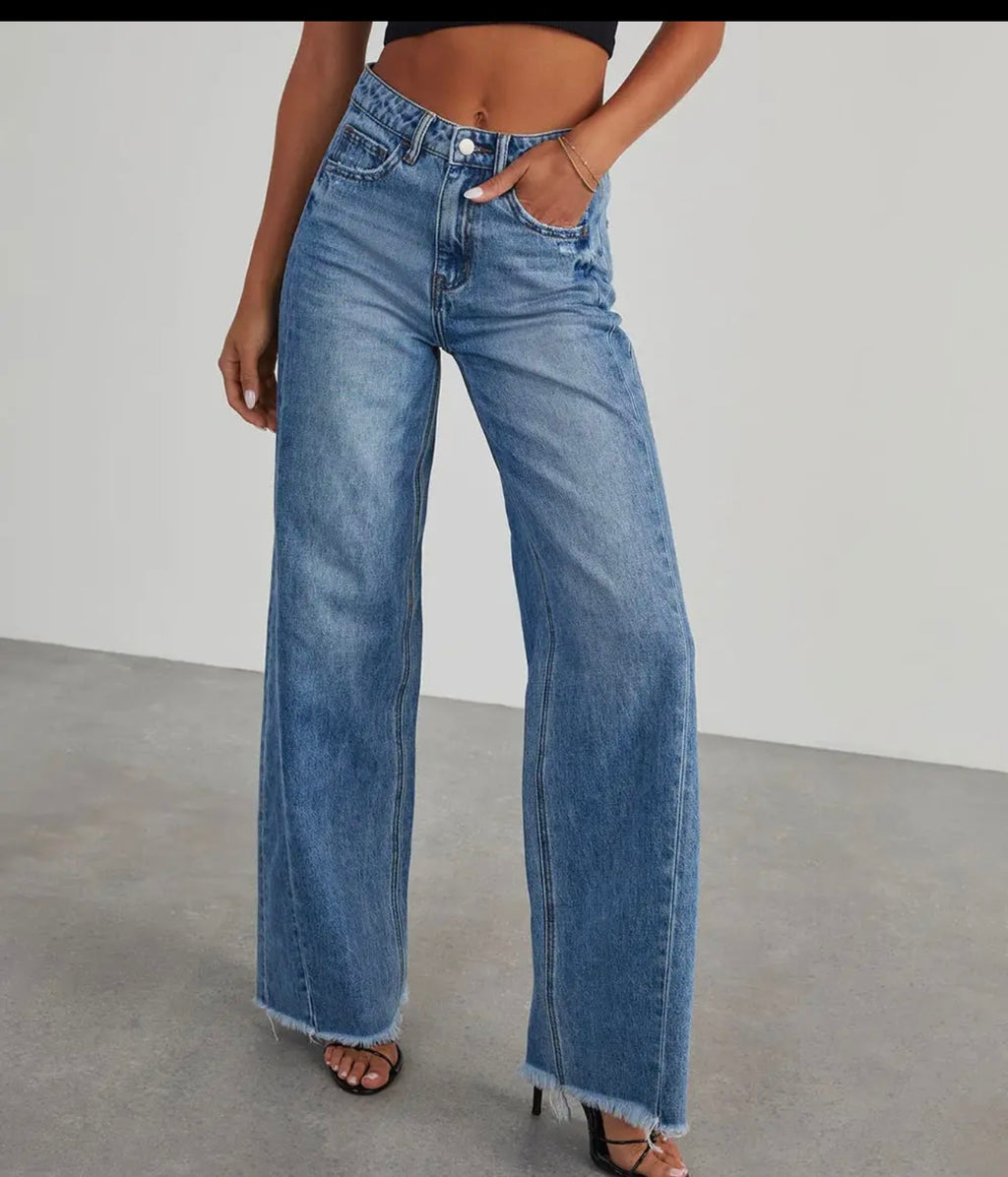 Wide leg distressed denim