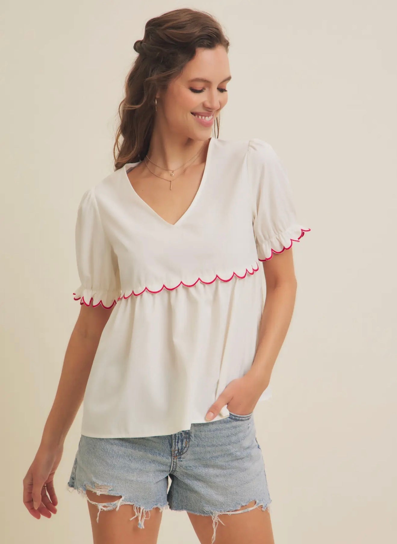 White scalloped top - red trim