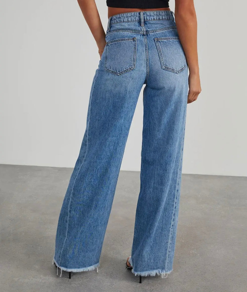 Wide leg distressed denim