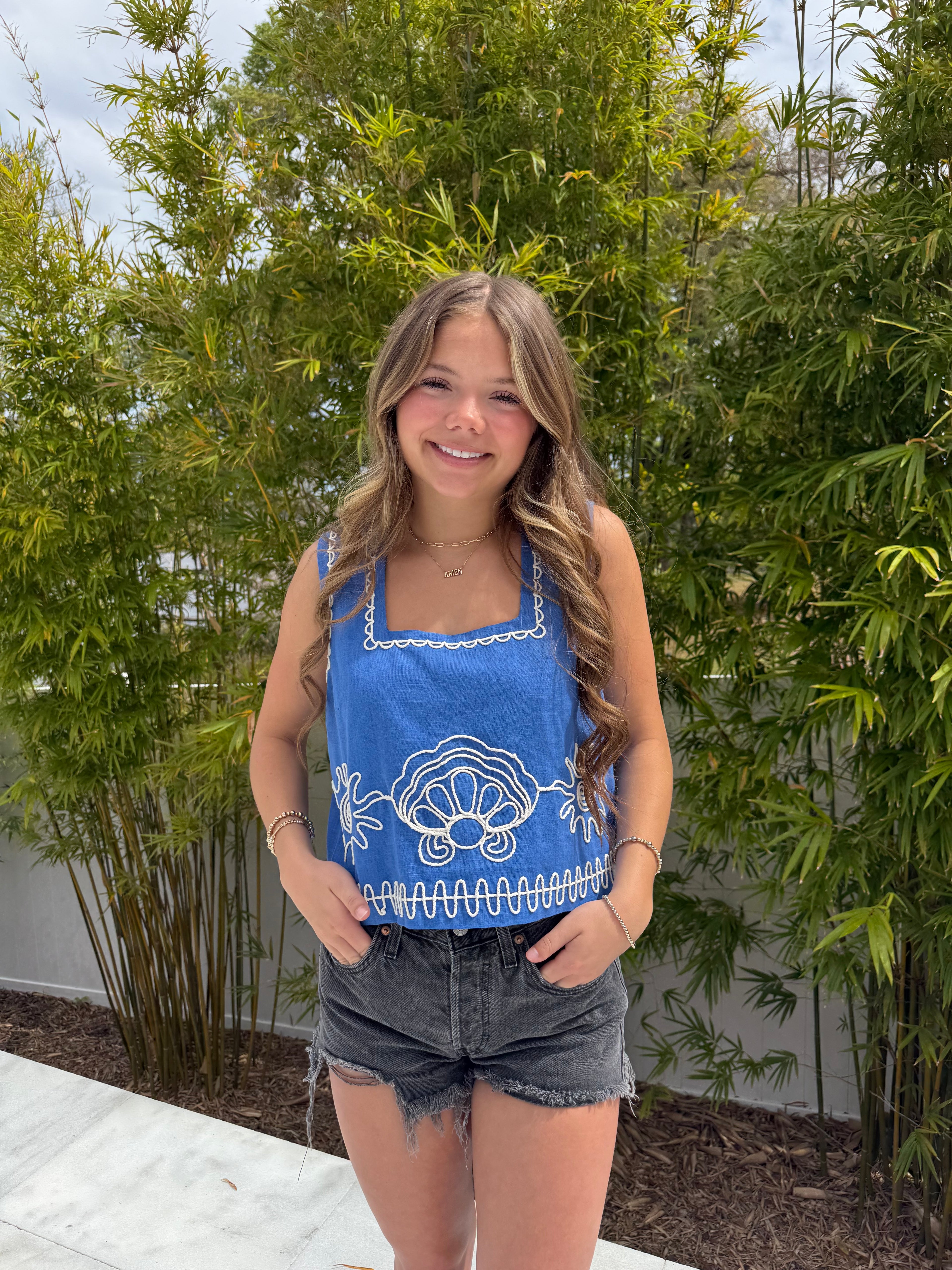 Embroidered Vacation Top - Blue