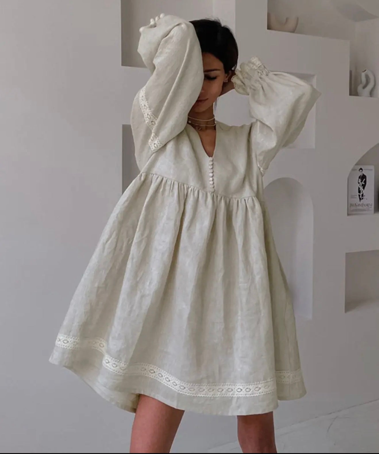 Lantern Sleeve - V Neck Linen Dress