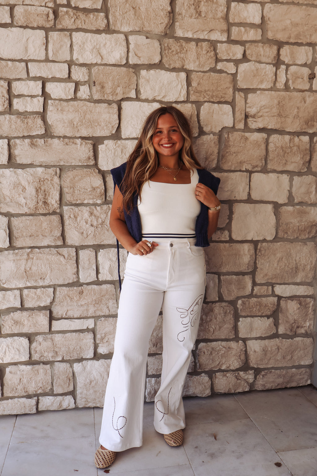 Embroidered Wide Leg Pants - White