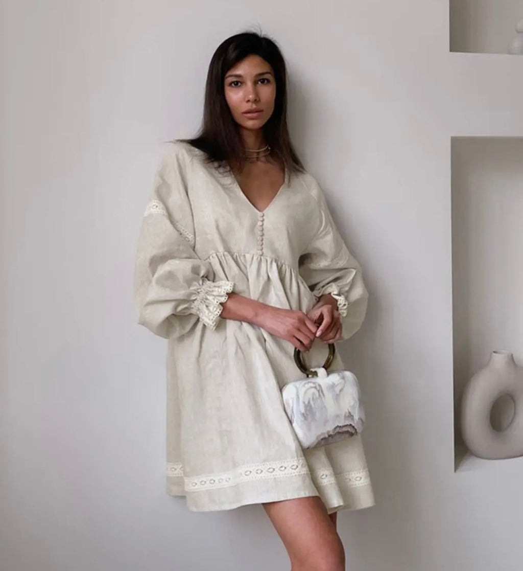 Lantern Sleeve - V Neck Linen Dress