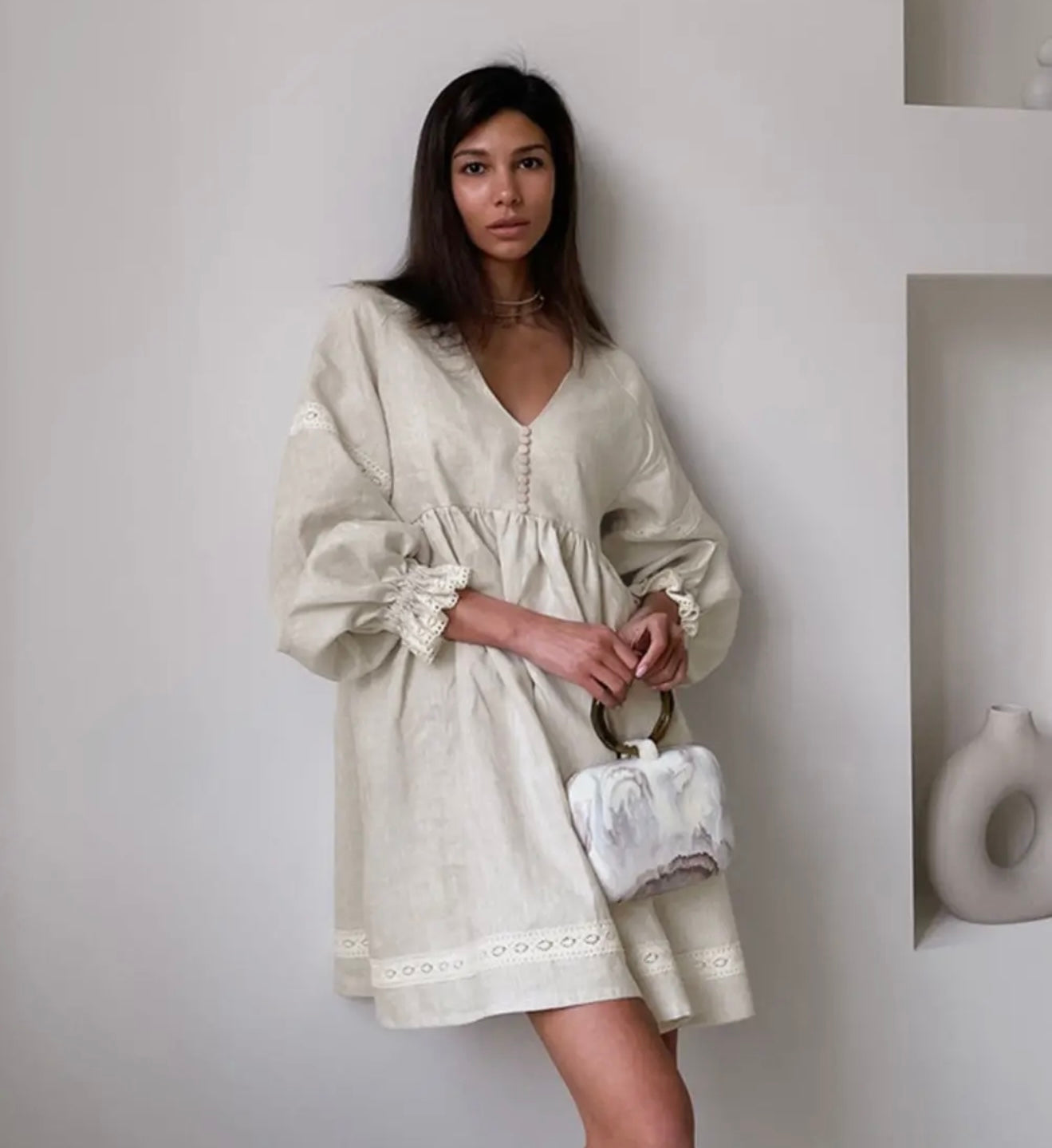 Lantern Sleeve - V Neck Linen Dress
