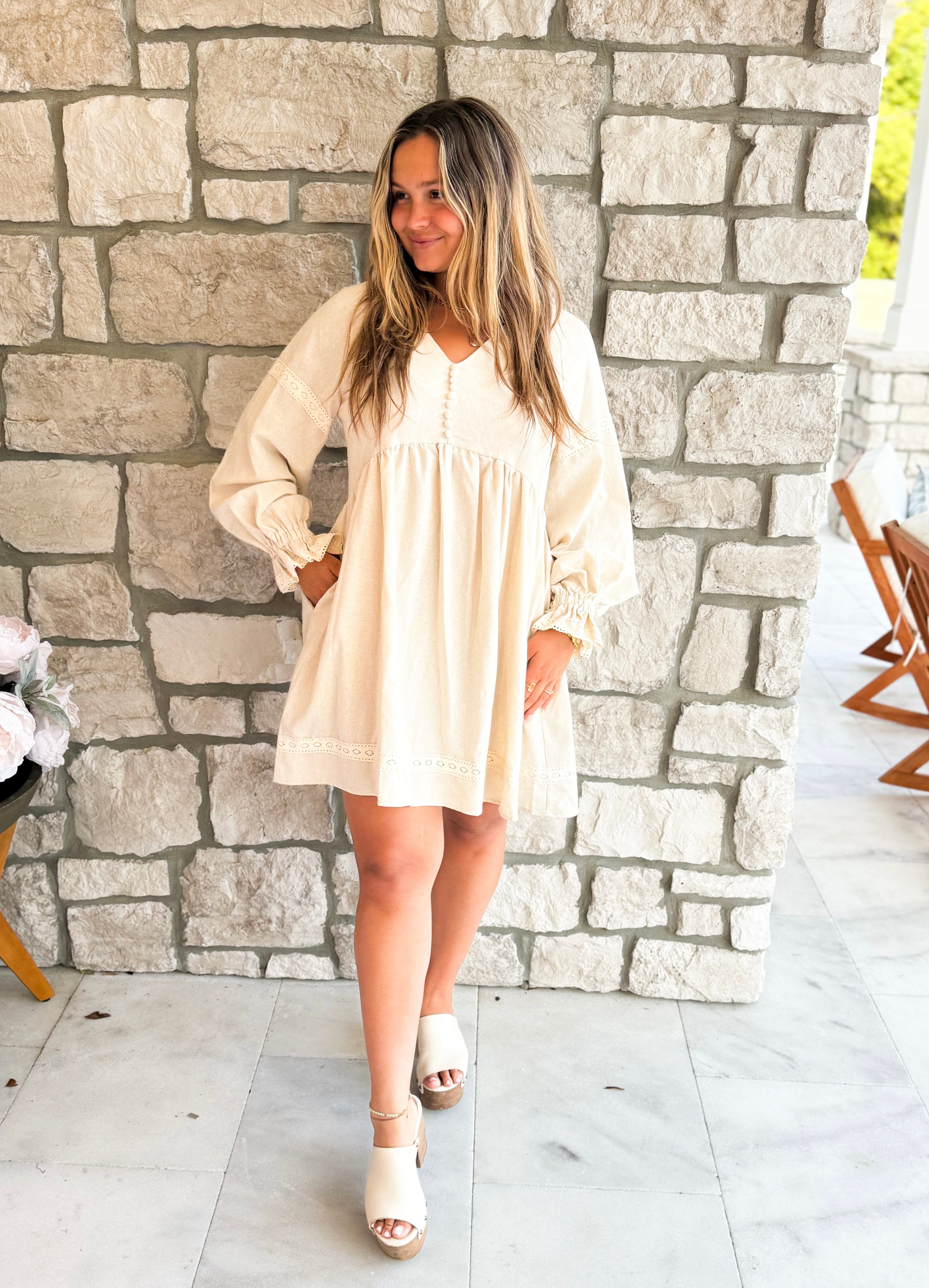 Lantern Sleeve - V Neck Linen Dress